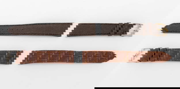 Rolex Watch Straps, 2 Pcs.: Two Rolex Genuine Watch Straps, comprising: light brown crocodile leather with silver-tone Rolex buckle, marked "Rolex Geneva / Genuine Crocodile / B7796" and brown lizard skin with gold-tone Rolex