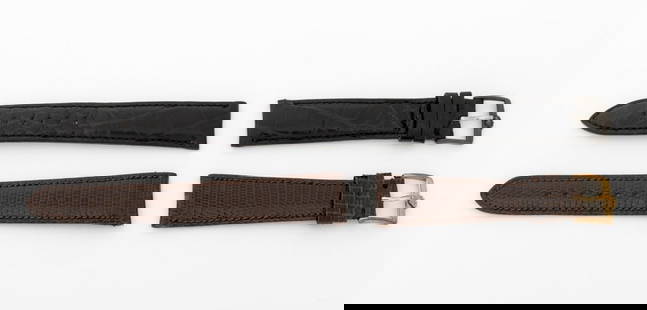Rolex Watch Straps, 2 Pcs.: Two Rolex Watch Straps, comprising: black crocodile leather with silver-tone Rolex buckle, marked "Rolex of Geneva / Genuine Crocodile" and brown lizard skin with gold-tone Rolex buckle, marked