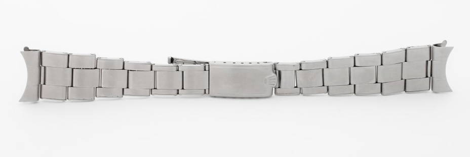 Rolex Oyster 19mm Stretch Rivet Link Bracelet: Rolex Genuine Oyster 19mm Stainless Steel Stretch Rivet Link, 1956, with 12 links, "57" endlinks and "8 / 56" date code, marked "Steelinox / Rolex / Swiss mad / 8 / 56" to the clasp and "57" to the