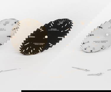 Rolex Oyster Perpetual Time-Only Watch Dials, 2: Two Rolex Genuine Oyster Perpetual Time-Only Watch Dials, comprising: one black color with silver-tone baton indices and (3) watch hands for the hour, minute, and seconds, and one silver-tone with