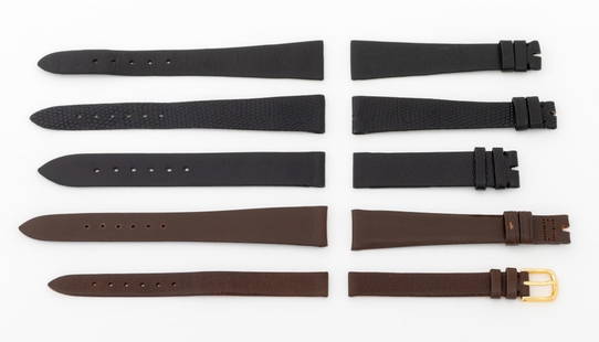 Patek Philippe Leather Watch Straps, 5: Collection of Five Patek Philippe Leather Loose Watch Straps, comprising: one brown calf, marked "PP / Calf", one black lizard, marked "PP / Swiss Made", one black pinseal, marked "PP/ Pinseal", one b