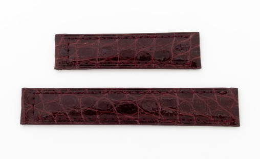 Cartier Burgundy Crocodile Watch Strap: Cartier Burgundy Crocodile Skin Watch Strap, for deployment buckles, marked "Cartier". Longest piece: 15mm x 83mm. Provenance: From a Manhattan Collection. Keywords: Crocodile leather, Watch parts, Ti
