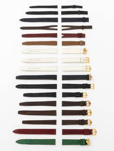 Gucci Lizard Loose Watch Straps, 17: Collection of 17 Gucci Lizard Skin Loose Watch Straps, comprising: (3) three white with gold-tone buckles, marked "Gucci" to the strap, (2) two burgundy, one with gold-tone buckle, marked "Gucci" to t