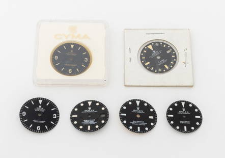Rolex Oyster Perpetual Black Watch Dials, 6 Pcs.: Collection of Six Rolex Genuine Oyster Perpetual Black Loose Watch Dials, comprising: (1) one date submariner 1000ft = 300m, (1) one time only submariner 20m = 660 ft, (1) GMT - Master, marked "Singer