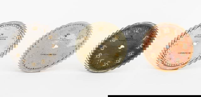 Rolex Bubble Back Watch Dials, 3 Pcs.: Collection of Three Rolex Genuine Bubble Back Loose Watch Dials, comprising: (2) two Oyster Perpetual, one silvered copper and one gray tone with alternating Arabic numerals, and one Oyster having a w