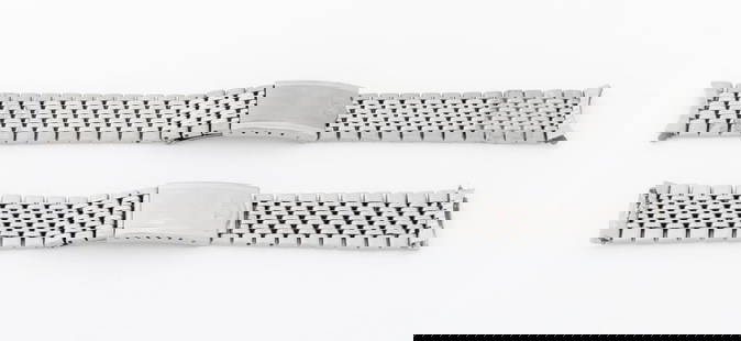 Omega Stainless Steel Watch Bracelets, 2: Two Omega Stainless Steel Watch Bracelets, marked "Omega" on the clasp. 20mm x 184mm. Provenance: From a Manhattan Collection. Keywords: Watch parts, Time adjuster, Timepiece, Wristwatch, Loose bracel