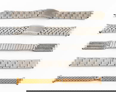 Hamilton, Etc. Stainless Steel Watch Bracelets, 5: Collection of 5 Stainless Steel Watch Bracelets, comprising: Hamilton "Bear" with thirteen links, folding clasp, marked, Chambers stretch bracelet, marked, Mido stretch bracelet, marked, Kestenmade "B