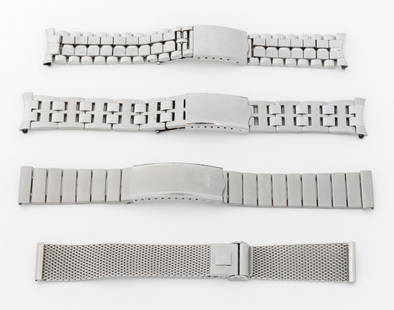 Champion Stainless Steel Watch Bracelets, 4: Collection of Four Champion Stainless Steel Watch Bracelets, each marked "Champion". Largest: 20mm x 152mm. Provenance: From a Manhattan Collection. Keywords: Watch parts, Time adjuster, Timepiece, Wr