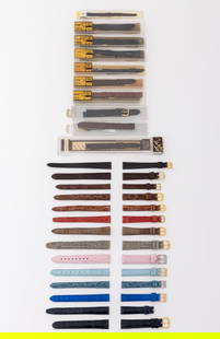 Lady's Lizard and Alligator Loose Watch Straps, 24: Collection of 24 Ladies Lizard Skin and Alligator Leather Loose Watch Straps, including: (1) one marked "John Weitz" in original packaging, (8) eight marked "Hadley-Roma" with six in original