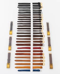 Leather, Buffalo, Etc. Loose Watch Straps, 33: Collection of 33 Loose Watch Straps, comprising: (7) brown and black leather, with gold-tone and silver-tone buckles, three marked "Artisanal" and one marked "deBeer", (10) ten calfskin with