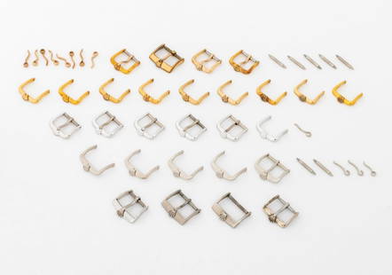 Rolex Loose Watch Strap Buckles, 28 Pcs.: Collection of 28 Rolex Genuine Loose Watch Strap Buckles, including: (4) used silver-tone buckles and (13) gold-tone, each marked "Rolex", with loose spring bars and prongs. Various sizes from