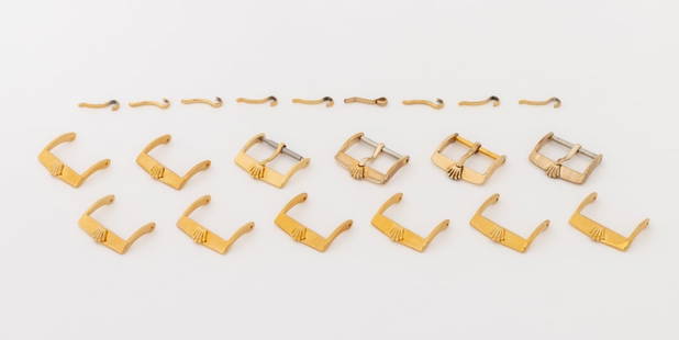 Rolex USA Gold-Tone Loose Watch Buckles, 12 Pcs.: Collection of 12 Rolex USA Gold-Tone Loose Watch Strap Buckles, with nine loose prongs, each buckle marked "Rolex" . Largest: 18mm. Provenance: From a Manhattan Collection. Keywords: Watch parts,