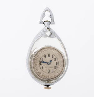 Pendalion 14K Gold Crystal Watch Pendant: Pendalion 14K Gold Crystal Watch Pendant, featuring silvered dial with black Arabic numeral indices, blue hands, powered by wind-up mechanical movement, worn as pendant with bail intended to join with