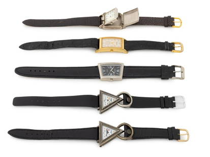 Kenneth Cole, Etc. Quartz Watches, 5: Collection of Five Quartz Watches, comprising: Kenneth Cole silver-tone cased watch, with brown leather band and gold-tone buckle, marked "Kenneth Cole / New York / Japan / Brass Case Back / KC 3002"