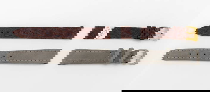 Vacheron, Etc. Designer Watch Straps, 2: Two Designer Loose Watch Straps, comprising: Vacheron Constantin brown crocodile skin with generic gold-tone buckle, marked and International Watch Co. gray suede and brown leather,1950s, with stainle