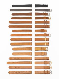 Hamilton Vintage Calf & Pigskin Watch Straps, 16: Collection of 16 Hamilton Vintage Calfskin and Pigskin Loose Watch Straps, comprising: (14) fourteen tan, (1) one gray, and (1) one black, all marked "Hamilton" to the strap. Longest piece: 21mm x 125