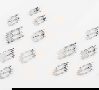 Georg Jensen, Etc. Designer Watch Buckles, 13: Collection of 13 Designer Loose Watch Strap Buckles, comprising: (3) three 10K White Gold-Filled on sterling base, each marked, (10) ten stainless steel, including: Prague, Certina, Georg Jensen, and