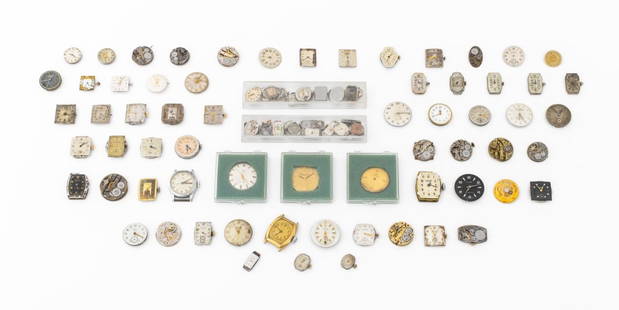 Hamilton, Longines, Etc. Watch Movements, 50+: Collection of 50+ Loose Watch Movements, including: Hamilton, Longines, Girard-Perregaux, Gruen, and LeCoultre, some with dials. Largest: 37mm L x 31mm W. Provenance: From a Manhattan Collection. Keyw