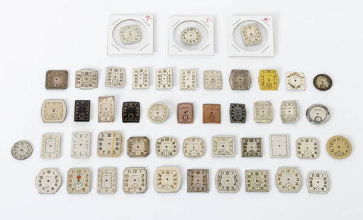 Hamilton, Etc. Designer Loose Watch Dials, 47 Pcs.: Collection of 47 Vintage Designer Loose Watch Dials, including: (15) fifteen Waltham, (9) nine Elgin, (5) five Bulova, (4) four Gruen, and (1) one Hamilton. Largest: 29mm x 23mm. Provenance: From a Ma