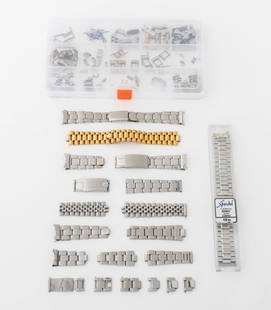 Generic Stainless Steel Watch Bracelet Parts, 50+: Collection of 50+ Generic Stainless Steel Watch Bracelet Parts, including: (3) three bracelets, one marked Spiedel in original case, bracelet links, endlinks, clasps, and pins. Speidel bracelet: 23mm
