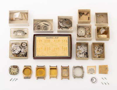 Hamilton Watch Parts, 100+: Collection of 100+ Hamilton Loose Watch Parts, comprising: (3) three 10K gold-filled watch cases, (1) 14K gold-filled watch case, movements, main springs, screws, spring bars, watch hands, stems and b