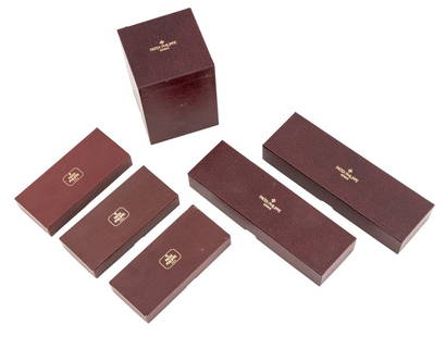 Patek Philippe Burgundy Leather Watch Boxes, 6: Collection of Six Patek Philippe Burgundy Leather Watch Presentation Boxes, comprising: octagonal wristwatch box with gilt metal lock and original box, pair of rectangular push button with beige leath
