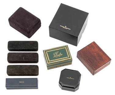 Vacheron, Etc. Watch Presentation Boxes, 9: Collection of Nine Watch Presentation Boxes, comprising: Vacheron Constantin black leather wristwatch display with beige suede interior and original box, octagonal black resin with beige suede interio