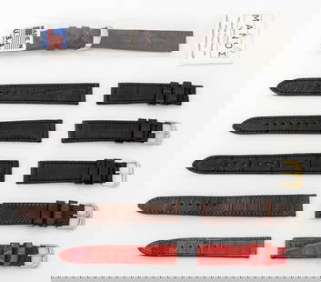 Manos Alligator Loose Watch Straps, 6: Collection of Six Manos Alligator Skin Loose Watch Straps, comprising: (3) three black, two with buckles and one in original packaging, (2) two brown, one with silver-tone buckle in original packaging