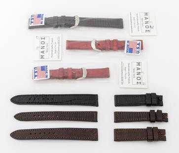 Manos Alligator and Lizard Loose Watch Straps, 6: Collection of Six Manos Alligator Leather and Lizard Skin Loose Watch Straps, comprising: (3) three brown lizard, one with silver-tone buckle in original packaging, (2) two red alligator with silver-t