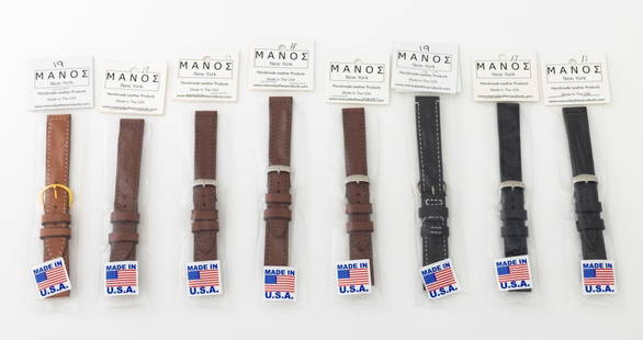 Manos Leather Loose Watch Straps, 8: Collection of Eight Manos Leather Loose Watch Straps, all in original packaging, comprising: (3) three black, two with gold-tone and silver-tone buckles, (4) brown, three with silver-tone buckles, and
