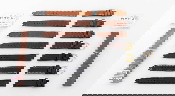 Manos Leather Loose Watch Straps, 9: Collection of 9 Manos Leather Loose Watch Straps, comprising: (3) three black, two with gold-tone buckles and one with silver-tone buckle, (3) brown, two with gold-tone buckles, one in original packag