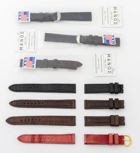 Manos Alligator and Lizard Loose Watch Straps, 7: Collection of Seven Manos Alligator and Lizard Loose Watch Straps, comprising: (3) three brown lizard, one custom-sized (17mm x 14mm) with silver-tone buckle in original packaging, (2) two black allig