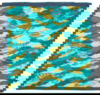 Rolex Silk Scarf: Rolex Silk Scarf, in teal crown and wave pattern with a blue border, "Rolex / 100% Silk / Made in France" label, in original Rolex box. 32.5" L x 33.5" W. Provenance: From a Manhattan Collection. Keyw