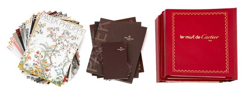 Cartier and Patek Philippe Watch Catalogs, 21: Collection of 21 Cartier and Patek Philippe Watch Catalogs, including: dealer wholesale price lists, 1987 and 1989 in red "Cartier" binding and "Patek Philippe Geneve: 2008-2009 Collection", signed by