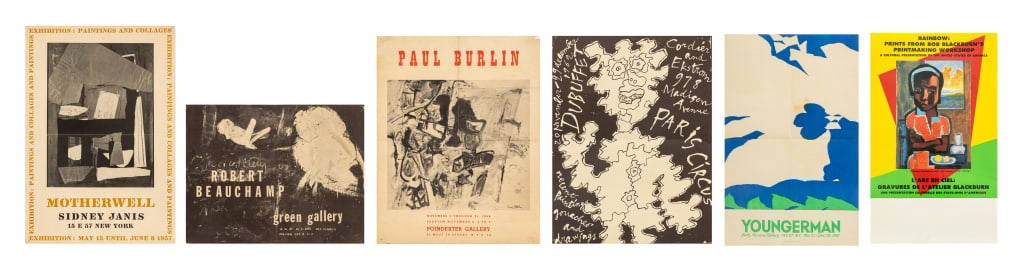 Dubuffet, Motherwell, Etc. Exhibition Posters, 6: Collection of Six Gallery Exhibition Posters, comprising: Jean Dubuffet, Paris Circus, Cordier and Ekstrom, 1962, Paul Burlin, Poindexter Gallery, 1959, Robert Motherwell, Sidney Janis, 1957, Robert B