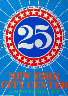 Robert Indiana "New York City Center..." Serigraph: Robert Indiana (American, 1923-2018), "New York City Center 25th Anniversary", Serigraph in Colors on Paper, 1968, unframed. 35" H x 25" W. Provenance: From a New York City Collection. Keywords: Print