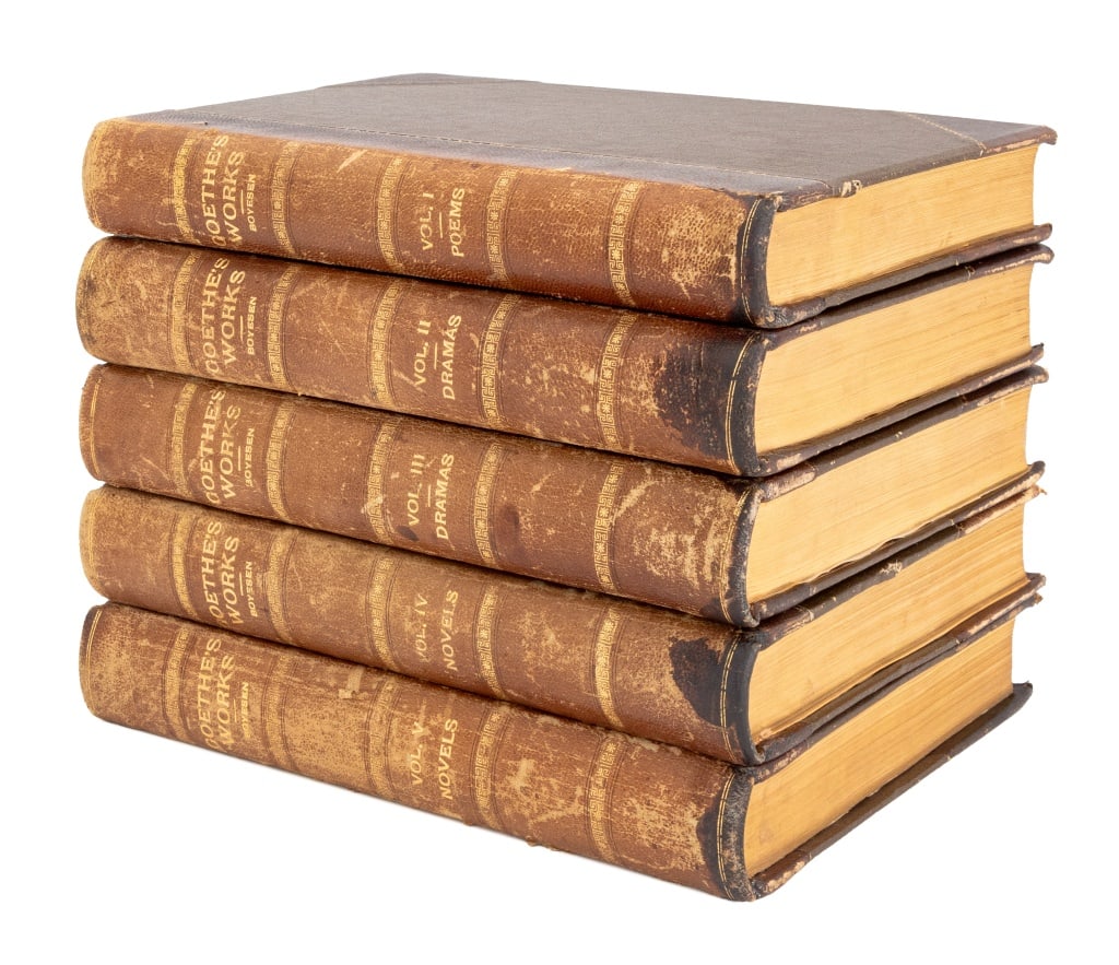 Johann Wolfgang von Goethe "Goethe's Works", 5: Johann Wolfgang von Goethe, "Goethe's Works", Philadelphia, New York, & Boston: George Barrie, 1885, Volumes I-V, with gilt-tooled brown leather binding. 11.75" L x 8.75" W x 1.75" D. Provenance: From