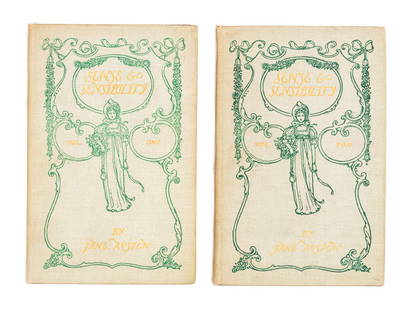 Jane Austen "Sense and Sensibility", 2 Vols.: Austen, Jane, "Sense & Sensibility", ed: Johnson, Reginald Brimley, London: J.M. Dent & Co., 1898, Volumes I and II, with illustrations by C.E. Brock, with green cloth covered boards with gilt tooled