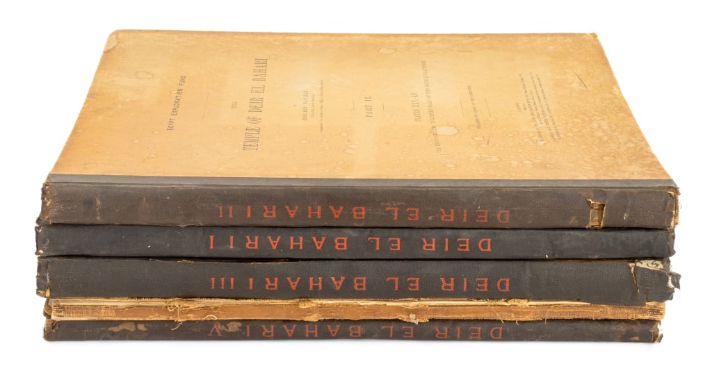 Edouard Naville "The Temple of Deir...", 5 Vols.: Naville, Edouard, "The Temple of Deir El Bahari", Volumes I-V, London: Egypt Exploration Fund, 1894-1908. 18" L x 14.5" W. Provenance: From a 50 Madison Avenue Estate. Keywords: Books, Bibliophile, Li