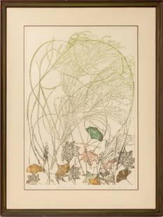 Mariann Korn "Autumn Leaves" Etching, 1980: Mariann Korn (Czech, 1914-1987), "Autumn Leaves", Etching with Hand-Coloring and Ink, 1980, signed in pencil lower right, titled, and numbered edition "5/20" lower left, wood frame. Image: 21" H x 14"