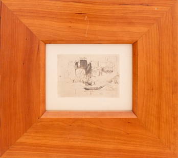 James Abbott McNeill Whistler "San Biagio" Etching: After James Abbott McNeill Whistler (American, 1834-1903), "San Biagio", Etching and Drypoint on Paper, 1879-80, apparently unsigned, wood frame. 5" H x 7" W; frame: 17.25" H x 19.25" W x 0.75" D. Pro