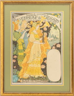 Gustave Lorrain "Ecole du Dessin" Poster, 1900: Gustave Lorrain (French, 1882-1965), "Ecole Normale d'Enseignt de Dessin: Fondee et dirigess par A. Guerin", Lithographic Poster in Colors, 1900, published by G. de Malherbe, signed in plate lower rig
