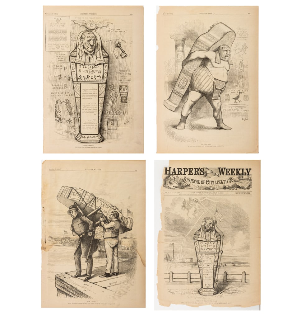 Thomas Nast Harper's Weekly Woodblock Prints, 4: Thomas Nast (German/American, 1840-1902), Four Harper's Weekly Woodblock Prints, comprising: "Cipher Alley", cover page for Saturday, July 10, 1880, "Such a Load!", August 7, 1880, and "Cipher Mumm(er