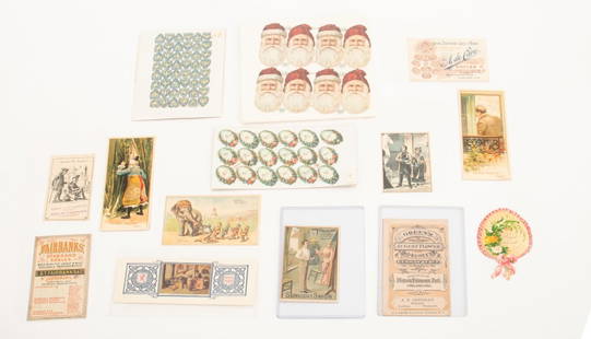 International Advertising Ephemera, 14 Pcs.: Collection of 14 Pieces of International Advertising Ephemera, circa 1900, including: German Santa Die Cut Sheets, The Great Atlantic and Pacific Tea Company, Green's August Flower and Boschee's Germa