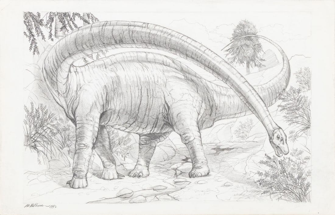 Michael Rothman Brontosaurus Graphite on Paper: Michael Rothman (American, XX-XXI), Landscape Scene with Brontosaurus, Graphite on Paper, 1992, signed in pencil and dated lower left, unframed. Sheet: 9.25" H x 14" W. Provenance: From a Chelsea, New