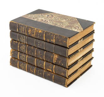 Voltaire & Montesquieu Leather-Bound Books, 5: Five Leather-Bound Books, Philadelphia: George Barrie, printed on Japanese vellum paper and comprising: "The Prose & Romances of Voltaire", Vols. I-III, limited edition number 692/100, and "The Persia