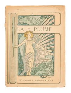 "La Plume: Alphonse Mucha et son Oeuvre", 1897: "La Plume: Alphonse Mucha et son Oeuvre", Paris: Societe Anonyme La Plume, August Edition, 1897, featuring 127 illustrations by Alphonse Mucha, including the cover with a blonde haired woman holding a