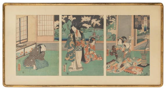 Utagawa Kunisada "12 Months of Genji" Woodblock, 3: Utagawa Kunisada (Toyokuni III, Japanese, 1786-1864), Three Scenes from The Third Month of "Twelve Months of Modern Genji" Series, Woodblock Print in Colors, giltwood frame. Each image: 14" H x 10" W;