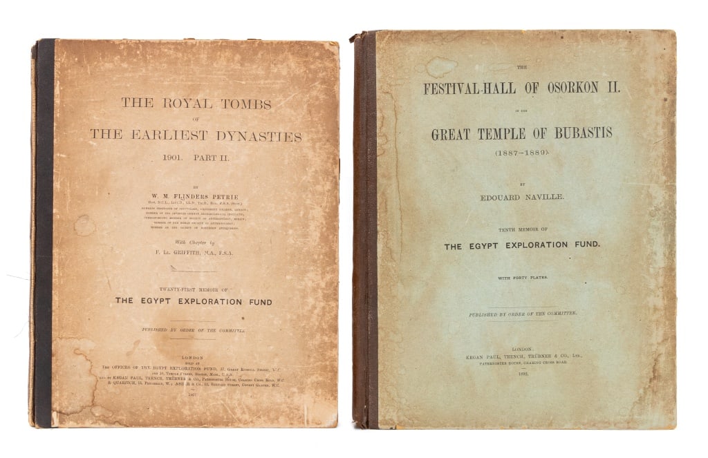 Egyptian Archaeology Books, 2: Collection of Two Egyptian Archaeology Books, comprising: "The Festival Hall of Osorkon II in the Great Temple of Bubastis", Naville, Edouard, 1892, and "The Royal Tombs of the Earliest Dynasties", Fl