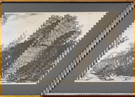 Giovanni Piranesi "Hadrian's Villa" Etching: Giovanni Battista Piranesi (Italian, 1720-1783), "Hadrian's Villa: Remains of the So-Called Pretorio", Etching, signed in plate lower right, ebonized and giltwood frame. Image: 17.75" H x 25.25" W; fr